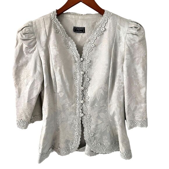 Cachet Tops - Cachet Bari Protas Light Mint Tapestry Lace Puff Sleeves Button Up Blouse‎ 11/12